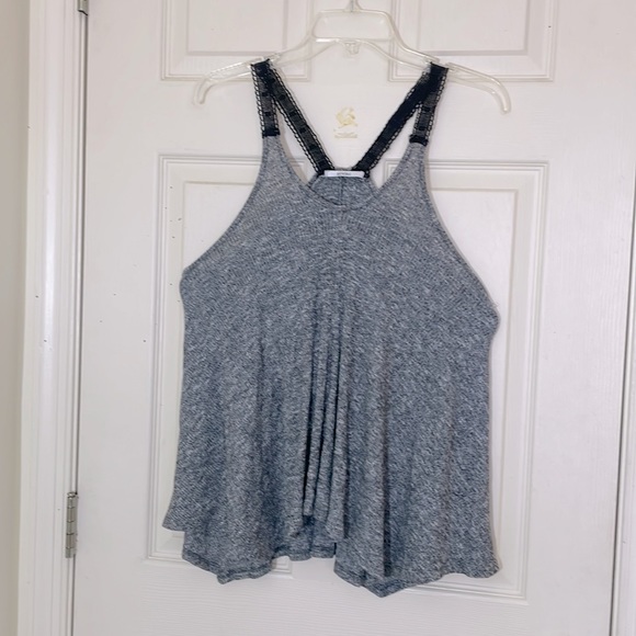 Show Listing Gray Ribbed Tank Top with Lace Straps Size Large EUC - Picture 1 of 2